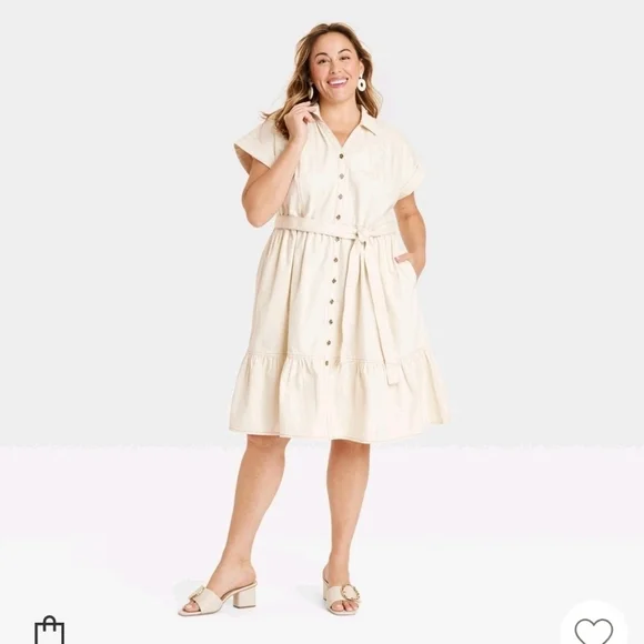 (2) Ava & Viv Short Sleeve Denim Tiered Midi A-Line Dress - Cream Women's - Picture 1 of 4